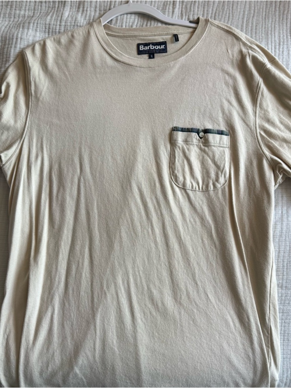 Barbour Cream Short-Sleeve Pocket Tee with Plaid Trim
